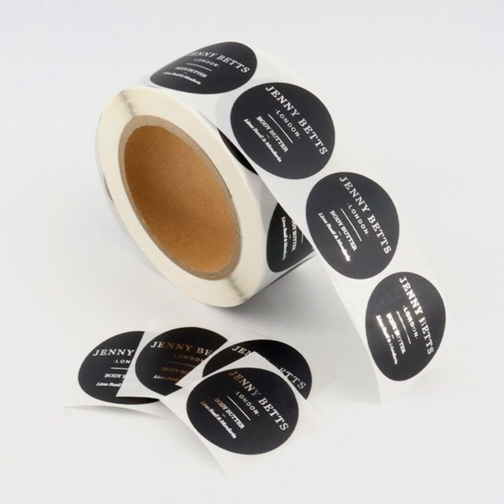 Custom-designed labels and stickers showcasing creative graphics and bold colors.