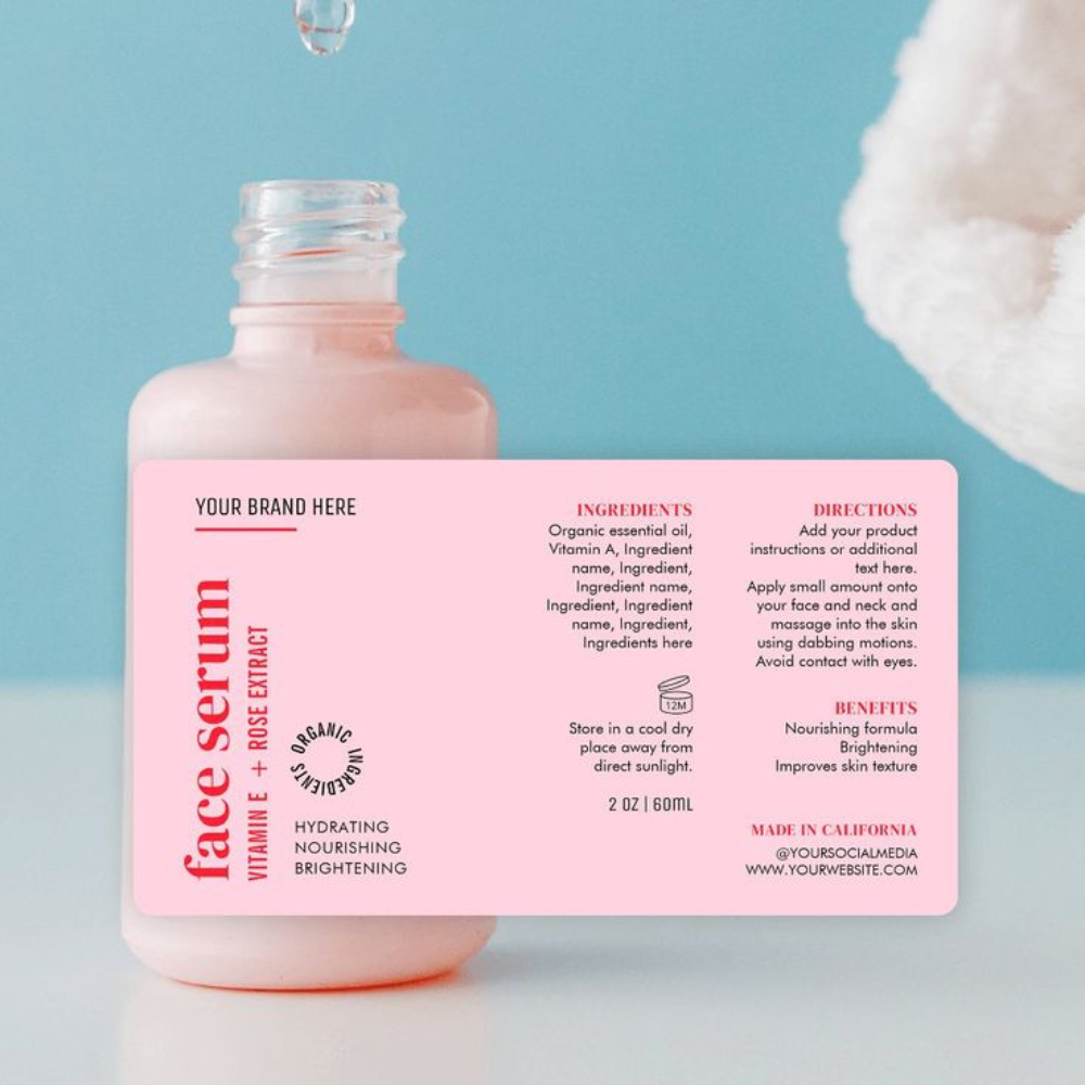 Premium custom cosmetic label showcasing vibrant design, product details, and branding for beauty products